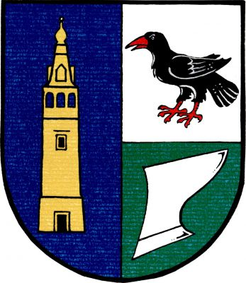 Polcený štít, v pravém modrém poli zlatá věž-zvonice, levé pole stříbrno-zeleně dělené, nahoře černý havran s červenou zbrojí, dole stříbrná radlice. Znak Vestec