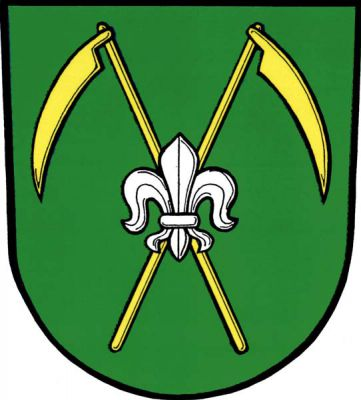 V zeleném štítě dvě zlaté zkřížené kosy přeložené stříbrnou lilií. Znak Větřkovice