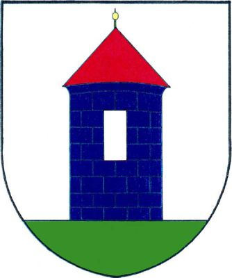 Ve stříbrném štítě na zeleném trávníku modrá válcová věž s jedním prázdným oknem a červenou kuželovitou střechou zakončenou zlatou makovicí. Znak Veverské Knínice