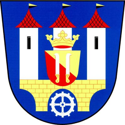 V modrém štítě na volném zlatém kvádrovaném mostě s jedním obloukem a dvěma půloblouky tři stříbrné věže, krajní s jedním černým oknem, s červenými stanovými střechami zakončenými černo-zlatě dělenými praporky. Přes střední věž položen korunovaný zlato-červeně kosmo dělený štítek se dvěma odvrácenými stříbrnými vinařskými noži se zlatými rukojeťmi. Pod mostním obloukem stříbrné palečné kolo. Znak Věžnice