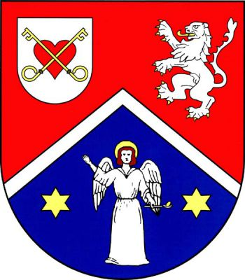 Červeno-modře stříbrnou zúženou krokví dělený štít, vpravo nahoře stříbrný štítek s červeným srdcem přeloženým zkříženými zlatými klíčemi, vlevo stříbrný lev se zlatou zbrojí, dole stříbrný anděl se zlatou svatozáří, vztyčenou pravicí, držící v levici stříbrnou lžičku se zlatou hostií, provázený dvěma zlatými hvězdami. Znak Vícenice u Náměště nad Oslavou