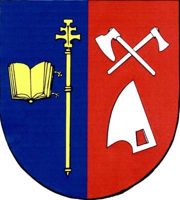 V modro-červeném polceném štítě vpravo otevřená kniha a procesní patriarší kříž, obojí zlaté, vlevo zkřížené sekery, kosmá tesařská širočina, pod nimi kosmo vztyčená radlice, vše stříbrné. Znak Vidče