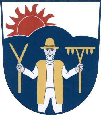 Ve stříbrném štítě zvýšené modré trojvrší, z něhož vpravo vyniká červené slunce. V trojvrší vyrůstající stříbrně oděný rolník se zlatým kloboukem a vestou, držící v pravici vidle-podávky a v levici hrábě, obojí zlaté. Znak Vigantice