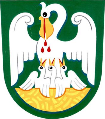 V zeleném štítě pelikán ve zlatém hnízdě krmící krví z vlastní hrudi tři mláďata, všichni ptáci jsou stříbrní se zlatými zobáky. Znak Vilémov