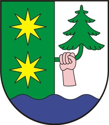 Zeleno-stříbrně polcený štít s modrou vlnitou patou. Vpravo dvě zlaté osmihroté hvězdy nad sebou, vlevo vztyčená volná ruka přirozené barvy držící se kmene zprava vzhůru vyrůstajícího zeleného smrku. Znak Vilémovice