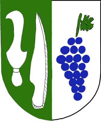 Zeleno-stříbrně polcený štít, v pravé polovině vedle sebe vinařský nůž a krojidlo, obé stříbrné, v levé polovině modrý vinný hrozen na zeleném stonku s jedním listem. Znak Viničné Šumice