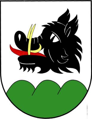 Ve stříbrném štítě nad třemi zelenými vrchy černá sviní hlava se zlatou zbrojí a červeným jazykem. Znak Vísky
