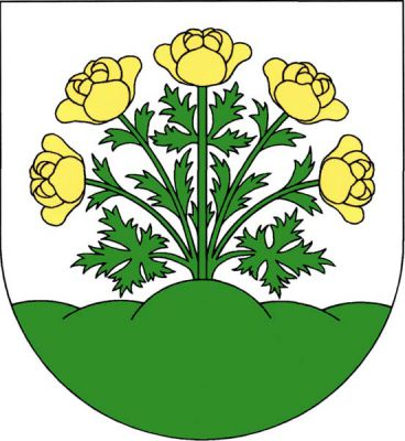 Ve stříbrném štítě vyrůstá ze středu zeleného pětivrší na stoncích s listy pět květů upolínu evropského přirozené barvy. Znak Vítězná
