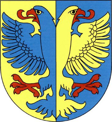 Ve zlato-modře polceném štítě polcený orel opačných barev s červenou zbrojí. Znak Vlastislav