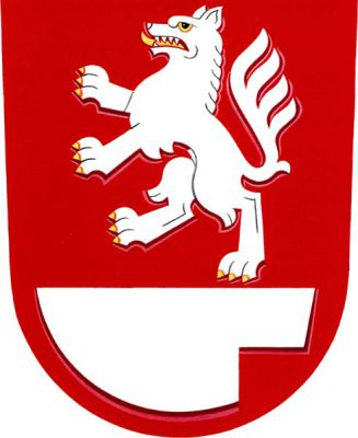 V červeném štítě stříbrný vlk ve skoku se zlatou zbrojí, pod ním položena stříbrná radlice. Znak Vlkoš