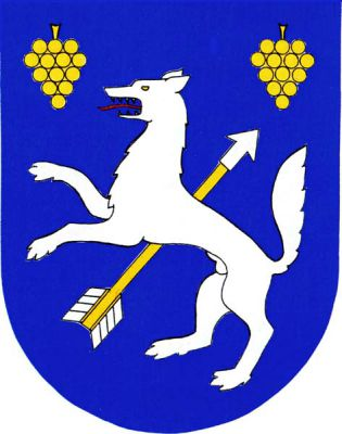 V modrém štítě stříbrný vlk ve skoku prostřelený zespodu zlatým šípem se stříbrným hrotem a opeřením, provázený v horních rozích zlatými vinnými hrozny. Znak Vlkoš
