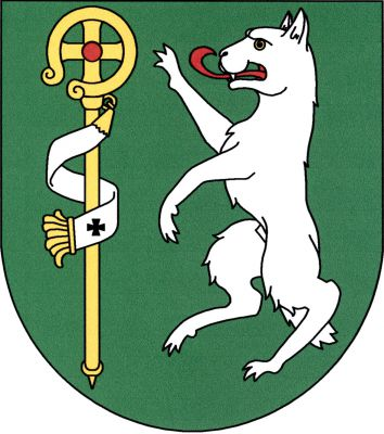 V zeleném štítě zlatá berla se stříbrným sudariem a stříbrný vlk ve skoku s červeným jazykem. Znak Vlkovice