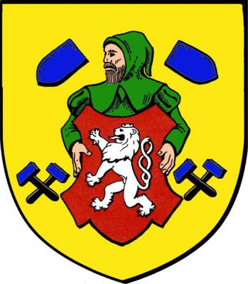 Ve zlatém štítě polopostava doprava hledícího horníka v zeleném šatě s kápí na hlavě držící před sebou červený štít s českým lvem. Horník ve provázen nahoře šikmo a kosmo položenými modrými hornickými necičkami a dole dvojími modrými hornickými kladívky na černých topůrkách. Znak Vodňany
