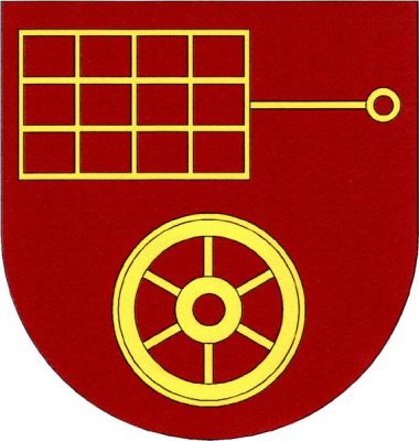 V červeném štítě doleva položený rošt, pod ním vozové kolo, vše zlaté. Znak Vojkovice