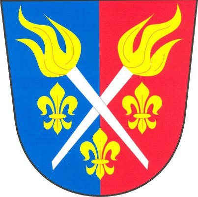 V modro - červeně polceném štítě zkřížené stříbrné, zlatě hořící pochodně, provázené třemi (2, 1) zlatými liliemi. Znak Vojtanov