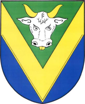 Zeleno-modře zlatou obrácenou krokví dělený štít. Nahoře stříbrná volská hlava se zlatými rohy a jazykem. Znak Volárna