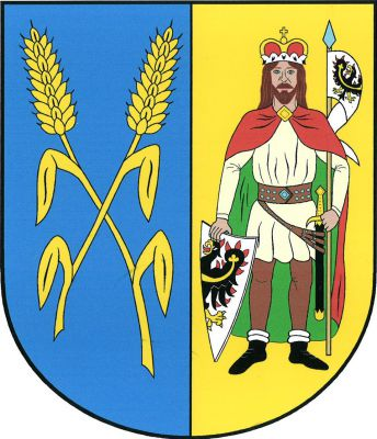 V modro-zlatě polceném štítě vpravo zkřížené zlaté obilné klasy, každý se dvěma listy nad sebou, vlevo postava sv. Václava s knížecí korunou na hlavě, s mečem u boku, opírající se pravicí o štít a v levici držící praporec, oboje stříbrné s černou plamennou orlicí se zlatým perizoniem. Znak Vonoklasy