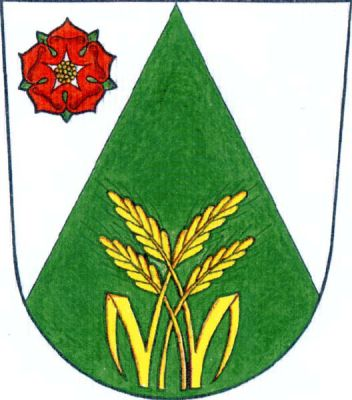 Ve stříbrném štítě zelený hrot, v něm čtyři do oblouku přivrácené a proložené zlaté obilné klasy, krajní s listem. Hrot vpravo provázen červenou růží se zlatým semeníkem a zelenými kališními lístky. Znak Vrábče