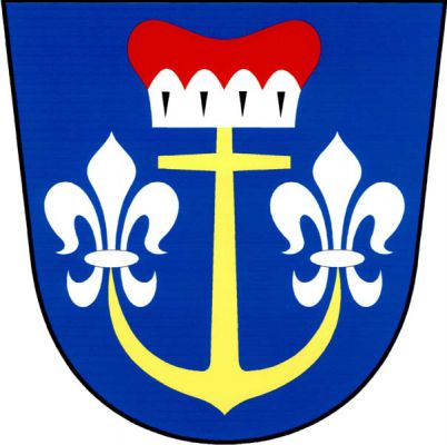 V modrém štítě zlatá kotva s rameny zakončenými stříbrnou lilií, na vrcholu přeložená červenou knížecí čepicí s hermelínovým lemem. Znak Vraclav