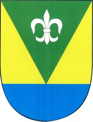 Ve zlatém štítě nad modrou patou zelený klín se stříbrnou lilií. Znak Vranov