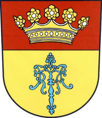 V červeno-zlatě zvýšeně děleném štítě nahoře zlatá koruna dole modrý mariánský anagram. Znak Vranov
