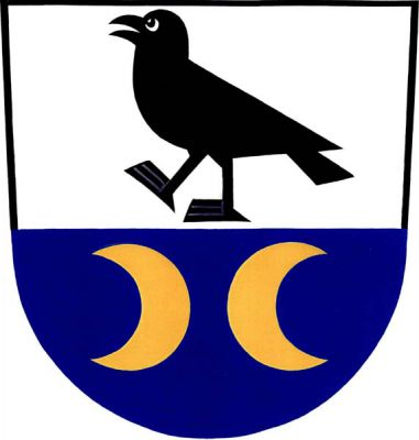 Stříbrno-modře dělený štít, nahoře černá vykračující vrána, dole dva odvrácené zlaté půlměsíce. Znak Vranová Lhota