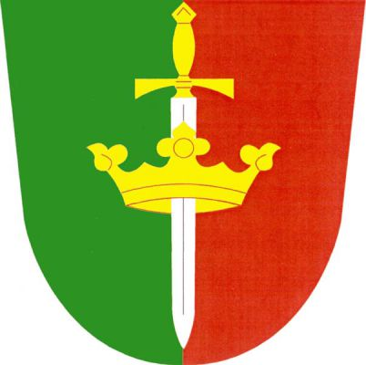 V zeleno-červeně polceném štítě postavený stříbrný meč se zlatým jílcem prostrčený zlatou korunou. Znak Vranovská Ves