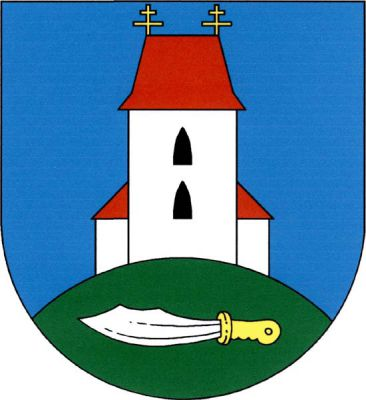 V modrém štítě na zeleném návrší s položeným stříbrným nožem se zlatou rukojetí stříbrná věž se dvěma černými gotickými okny nad sebou, červenou valbovou střechou se dvěma zlatými patriaršími křížky a dvěma stříbrnými přístavky s červenou šikmou a kosmou střechou. Znak Vráž