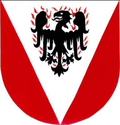 V červeném štítě stříbrný klín v něm černá plamenná orlice. Znak Vráž