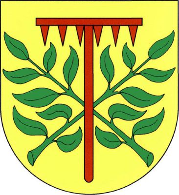 Ve zlatém štítě červené hrábě podložené zkříženými zelenými vrbovými pruty s listy. Znak Vrbičany