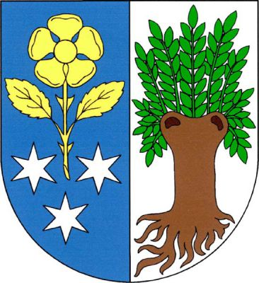 V modro-stříbrně polceném štítě vpravo zlatá růže na stonku se dvěma listy nad třemi (2,1) stříbrnými hvězdami, vlevo vykořeněná vrba přirozené barvy. Znak Vrbice
