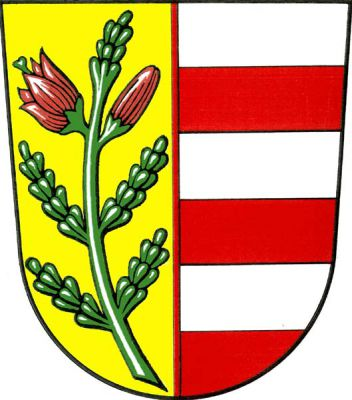 Polcený štít, vpravo ve zlatém poli snítka vřesu se dvěma květy přirozené barvy. Levé pole pětkrát stříbrno-červeně děleno. Znak Vřeskovice