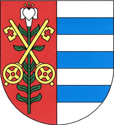 V červeno-stříbrně polceném štítě vpravo dva zkřížené zlaté klíče podložené přirozenou lilií na stonku s listy, vlevo tři modrá břevna. Znak Vrutice