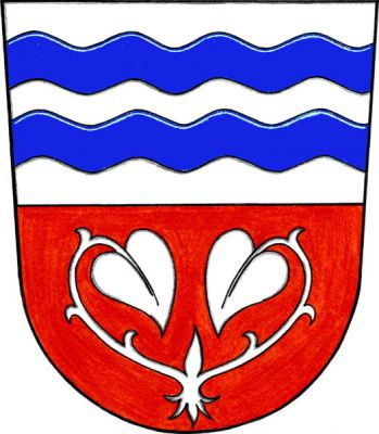 Stříbrno-červeně dělený štít, nahoře dvě modrá vlnitá břevna, dole dvě stříbrná lekna. Znak Všemyslice