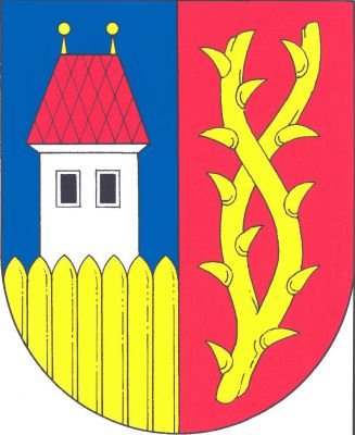 V modro-červeně polceném štítě vpravo vyrůstá ze zlaté palisádové hradby stříbrná věž se dvěma černými okny a červenou valbovou střechou se dvěma zlatými makovicemi, vlevo zlatá trnitá rozdvojená propletená větev. Znak Všeradice