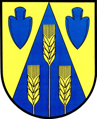 Ve zlatém štítě modrý hrot se třemi vyrůstajícími zlatými obilnými klasy, prostřední vyšší, provázený dvěma čelně postavenými modrými radlicemi. Znak Výrava