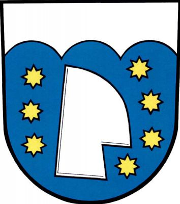 V modrém štítě pod stříbrnou třemi obrácenými oblouky oddělenou hlavou vztyčená doleva obrácená stříbrná radlice provázená vpravo třemi a vlevo čtyřmi zlatými osmihrotými hvězdami. Znak Vyšehoří