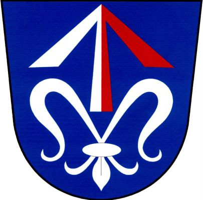 V modrém štítě stříbrná lilie bez středního horního listu, převýšená stříbrno-červeně polcenou střelou. Znak Vyskytná