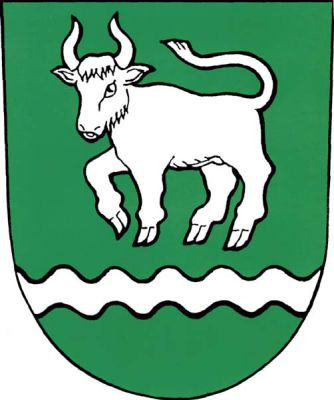 V zeleném štítě stříbrný kráčející býk, pod ním stříbrné vlnité břevno. Znak Vyšní Lhoty