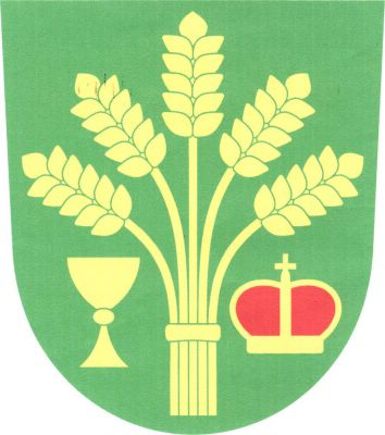 V zeleném štítě pět do vějíře svázaných zlatých obilných klasů provázených vpravo zlatým kalichem a vlevo knížecí čepicí s křížkem. Znak Vysoká
