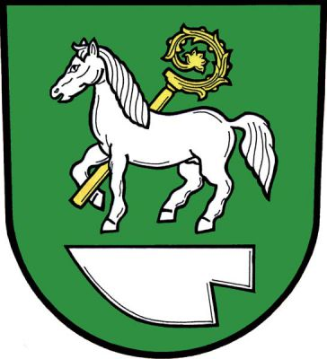 V zeleném štítě nad položenou stříbrnou radlicí stříbrný kůň držící pravou nohou šikmo zlatou berlu. Znak Vysoká