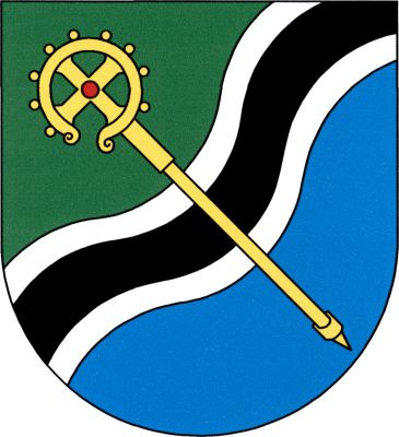 V zeleno - modře šikmým vlnitým černým, stříbrně lemovaným břevnem děleném štítě kosmá zlatá berla. Znak Vysoká nad Labem