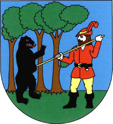 V modrém štítě na zeleném trávníku doprava obrácený vousatý muž v červeném černě přepásaném kabátci a zlatých nohavicích v černých vysokých botách, s červeným kloboukem s pštrosím pérem, šikmo probodávající zlatým kopím vzpřímeného doleva obráceného černého medvěda s červeným jazykem před třemi listnatými stromy přirozené barvy. Znak Vysoké nad Jizerou