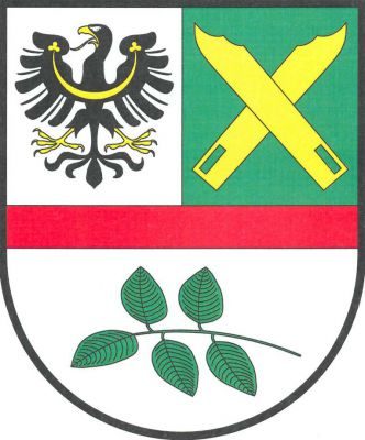 Štít dělený zúženým červeným břevnem, nahoře stříbrno - zeleně polcený, dole stříbrný. Vpravo černá orlice se zlatou zbrojí a jetelovitě zakončeným perizoniem, vlevo zkřížené zlaté limpy, dole položená zelená habrová větev s pěti listy. Znak Vysoký Chlumec
