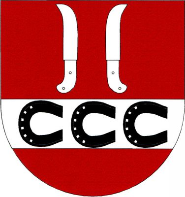 V červeném štítě nad sníženým stříbrným břevnem se třemi položenými černými podkovami dva odvrácené stříbrné vinařské nože. Znak Žabčice
