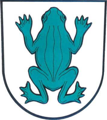 Ve stříbrném štítě zelená žába. Znak Žabeň