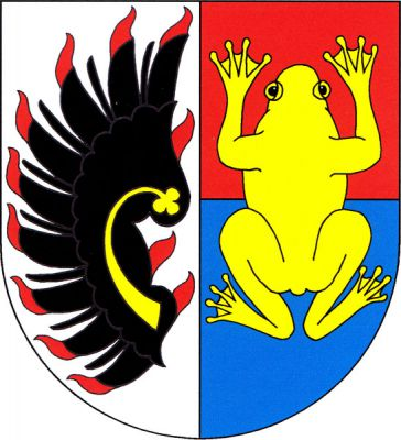 Polcený štít, v pravém stříbrném poli doleva obrácené černé plamenné orlí křídlo se zlatým, jetelovitě zakončeným perizoniem, v levém červeno-modře děleném poli zlatá žába. Znak Žabonosy