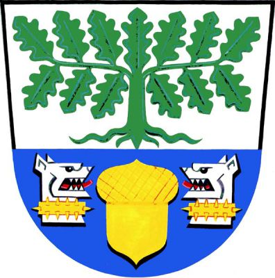 Ve stříbrno-modře děleném štítě nahoře vykořeněný zelený dub, dole zlatý žalud provázený přivrácenými stříbrnými hlavami psů - věžníků s červenými jazyky a zlatými trnovými obojky. Znak Záboří nad Labem