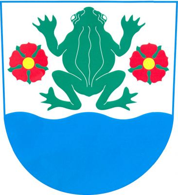 Ve stříbrno - modře sníženě vlnitě děleném štítě nahoře zelená žába provázená po stranách dvěma červenými růžemi se zlatými semeníky a zelenými kališními lístky. Znak Žabovřesky