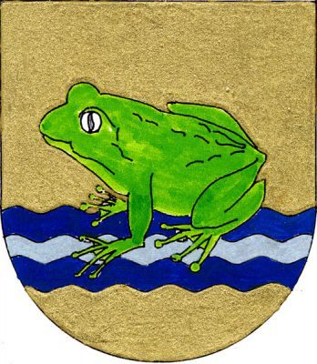 Ve zlatém štítě se sníženým dvakrát modro-stříbrně vlnitě děleným vlnitým břevnem zelená žába. Znak Žabovřesky nad Ohří